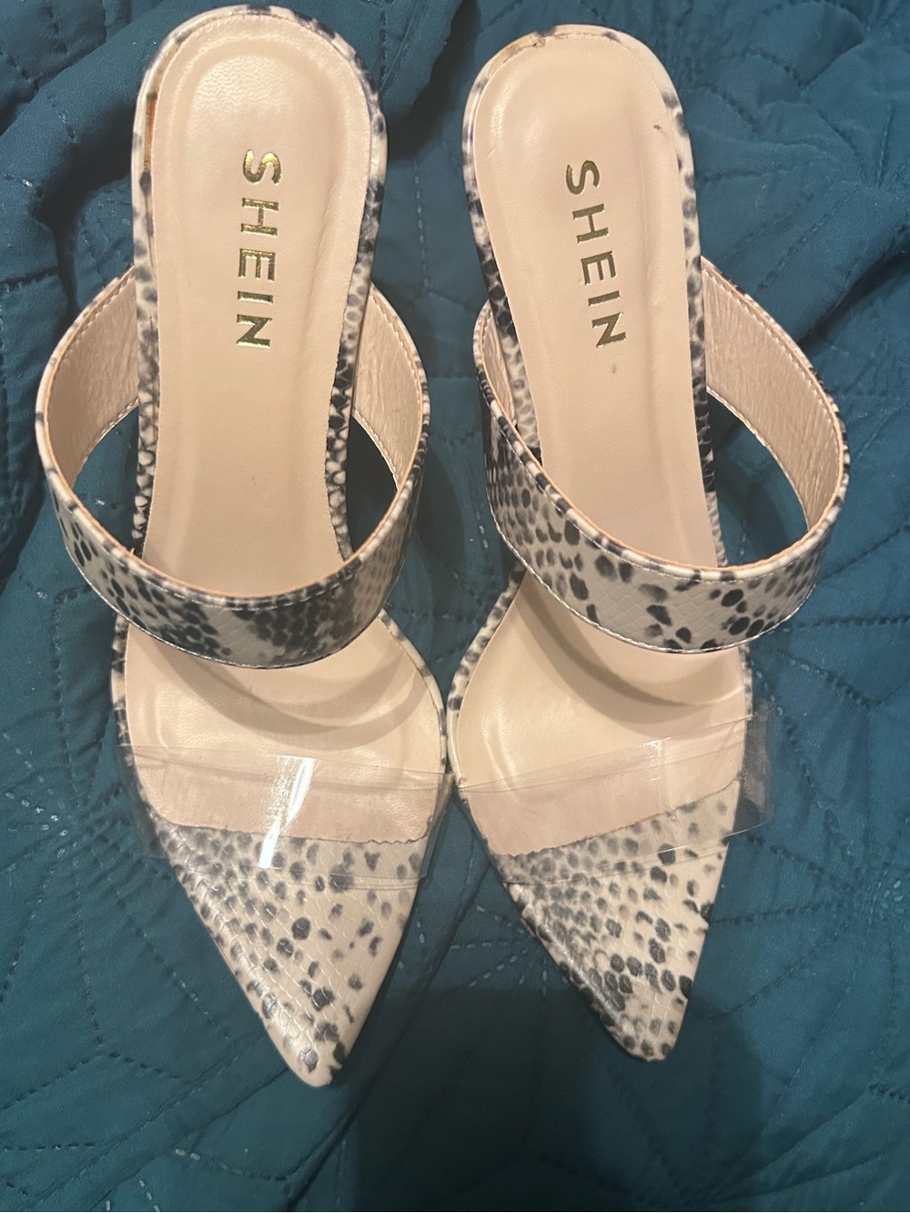 SHEIN Cream Snake-Print Pointed Mules with Clear Strap